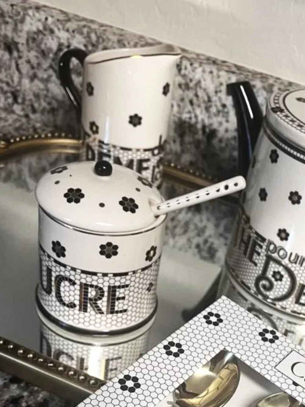 Anthropologie Bistro Tile Decaled Stoneware Sugar Bowl Pot 3 Pcs Set Mosaic New